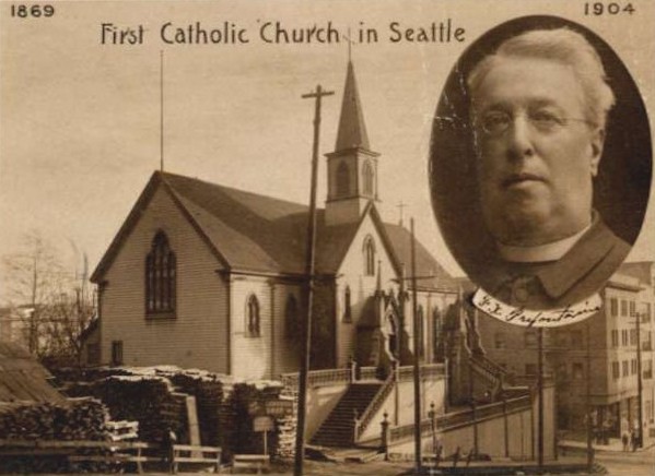 Postcard of Father Francis X. Prefontaine and Our Lady of Good Help, first Catholic church in Seattle