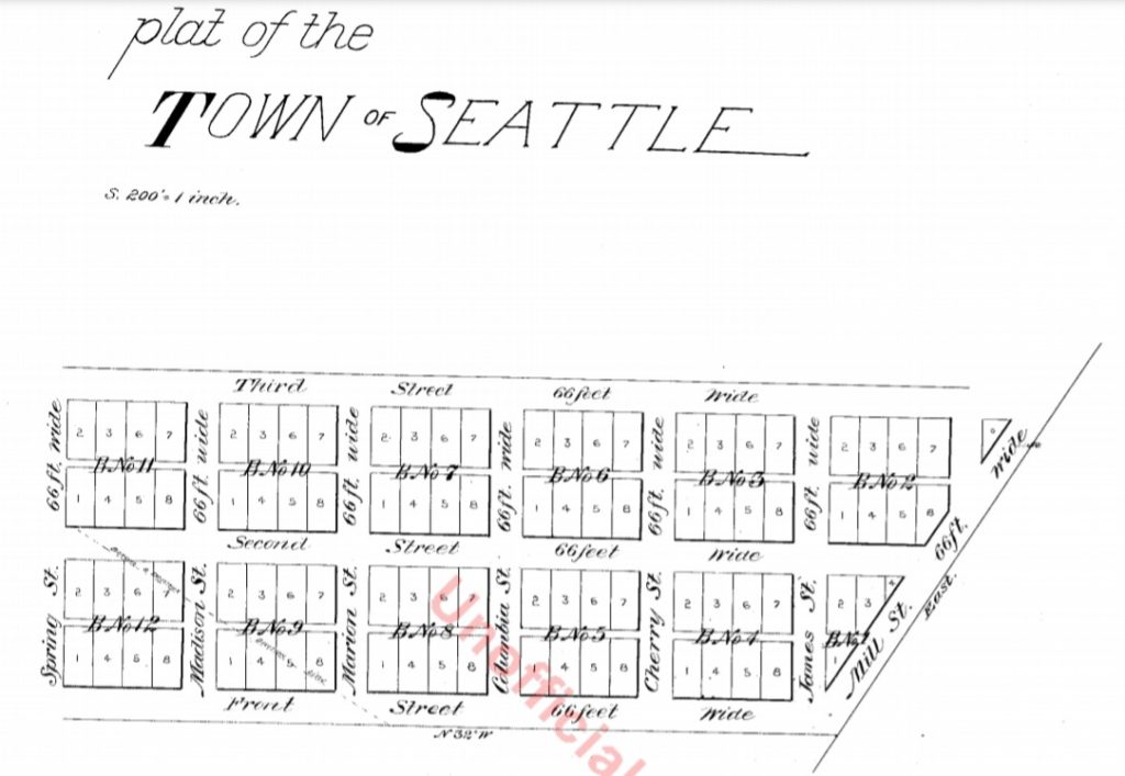 Plat of the Town of Seattle, May 23, 1853, by Carson Dobbins Boren and Arthur Armstrong Denny