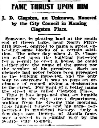 Seattle Times article, January 27, 1903, on naming of what was then Clogston Place, now Clogston Way