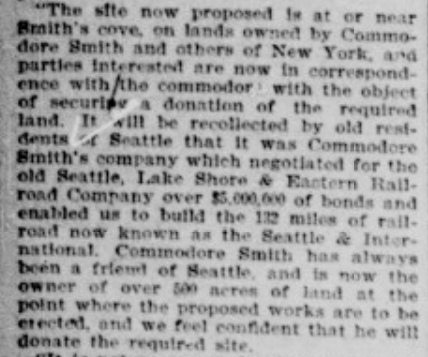 Portion of article mentioning Commodore Smith in June 17, 1897, issue of Seattle Post-Intelligencer