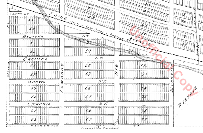 Portion of plat map of Denny and Hoyt's Addition to the City of Seattle, Washington Territory (1888) showing Aetna, Bertona, Cremona, Dravus, Etruria, and Florentia Streets