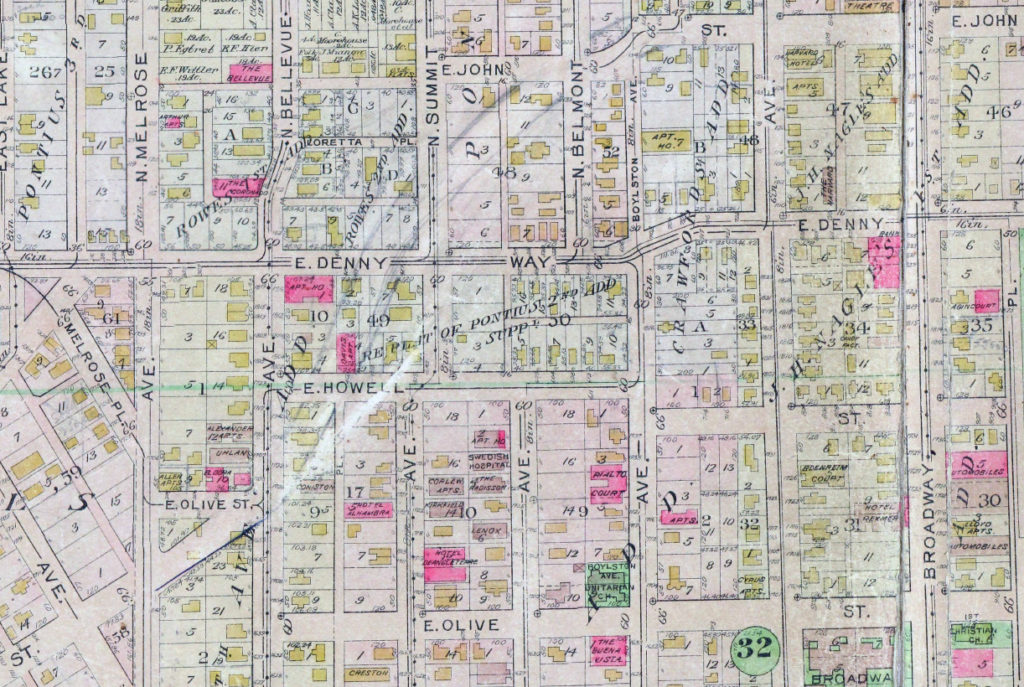 Route of Olive Way drawn on 1912 Baist Atlas plate of Capitol Hill