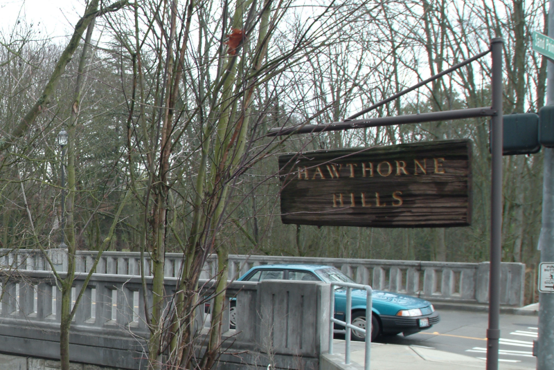 Hawthorne Hills sign, detail of photograph of Princeton Avenue Bridge, January 28, 2003.