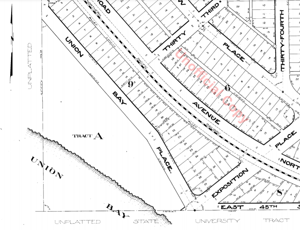 Portion of plat map of Exposition Heights showing Union Bay and Union Bay Place