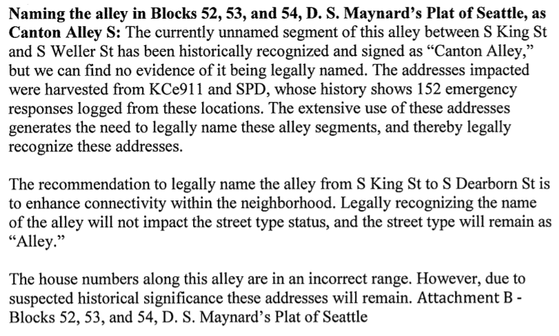 Portion of Summary and Fiscal Note to Seattle Ordinance 125753 Regarding Canton Alley S