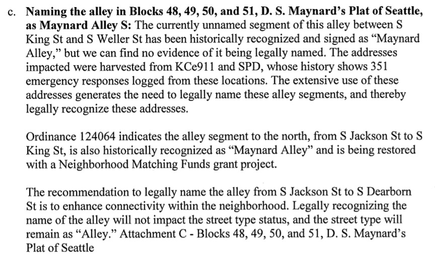 Portion of Summary and Fiscal Note to Seattle Ordinance 125753 Regarding Maynard Alley S, from https://clerk.seattle.gov/search/ordinances/125753