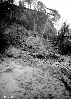 Perkins Lane Slide at W. Ray St. (displacement of utility poles), March 22 1925, from http://archives.seattle.gov/digital-collections/index.php/Detail/objects/77613, Seattle Municipal Archives Identifier 38072