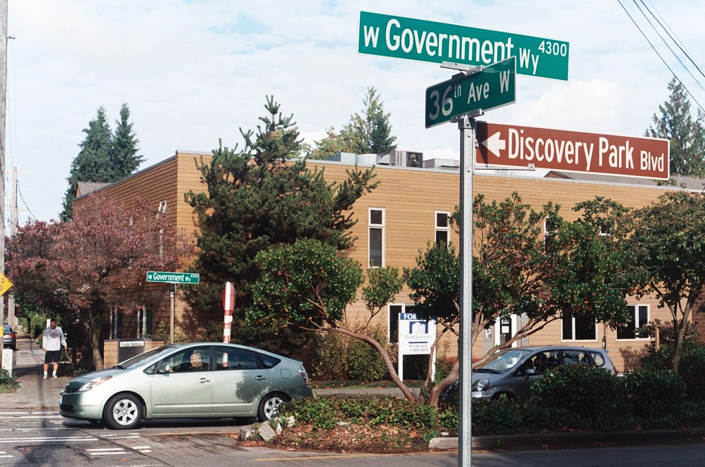 Street sign at the corner of W Government Way, 36th Avenue W, and Discovery Park Boulevard, October 30, 2011. Photograph by Benjamin Lukoff. Copyright © 2011 Benjamin Lukoff. All rights reserved.