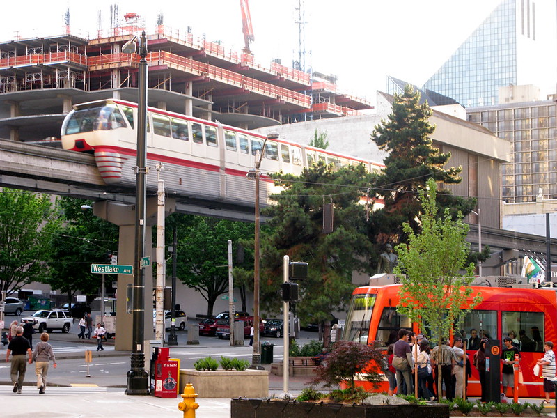 Monorail and streetcar, corner of Westlake Avenue and Olive Way, in 2008