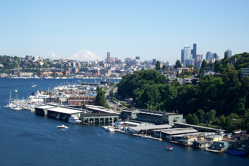 Westlake neighborhood and Mount Rainier from the Aurora Bridge, June 23, 2006