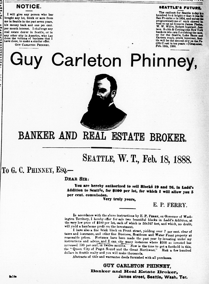 Guy Carleton Phinney advertisement in the Seattle Post-Intelligencer, March 4, 1888