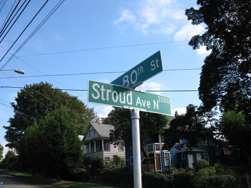 Street sign, corner of Stroud Avenue N and N 80th Street, October 2010