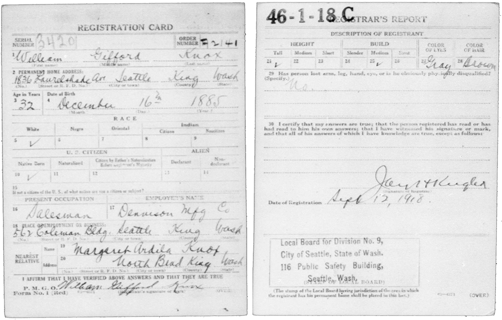 William Gifford Knox World War I Draft Registration Card, 1918