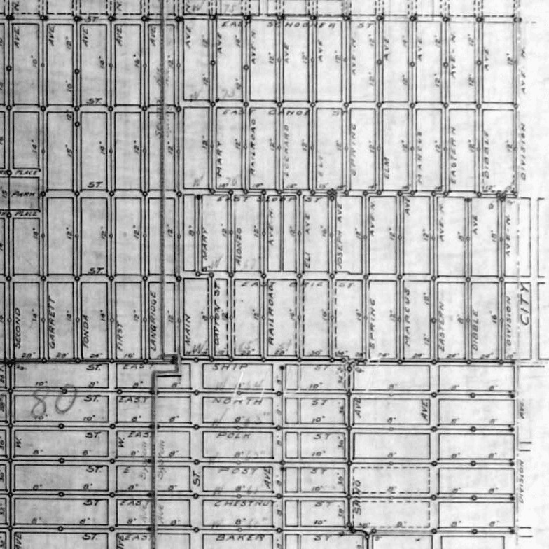 Portion of map of Ballard sewers, 1903, covering present-day intersection of Division Avenue NW and NW 65th Street