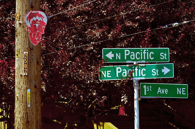 Street sign where NE Pacific Street becomes N Pacific Street on crossing 1st Avenue NE, August 2011. Photograph by Flickr user Panegyrics of Granovetter (Sarah C. Murray), licensed under Creative Commons Attribution-ShareAlike 2.0 Generic