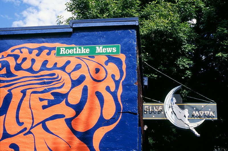 Roethke Mews sign on wall of Blue Moon Tavern, University District, Seattle, August 2008