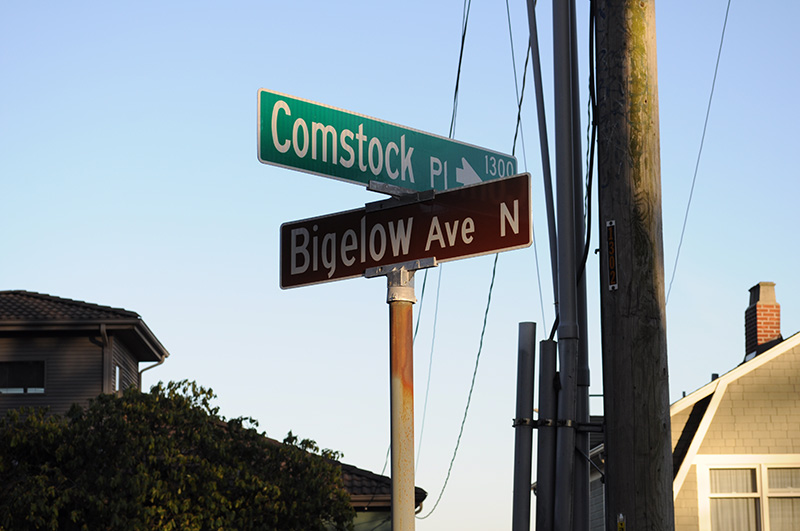 Street sign at corner of Comstock Street and Bigelow Avenue N, February 2010