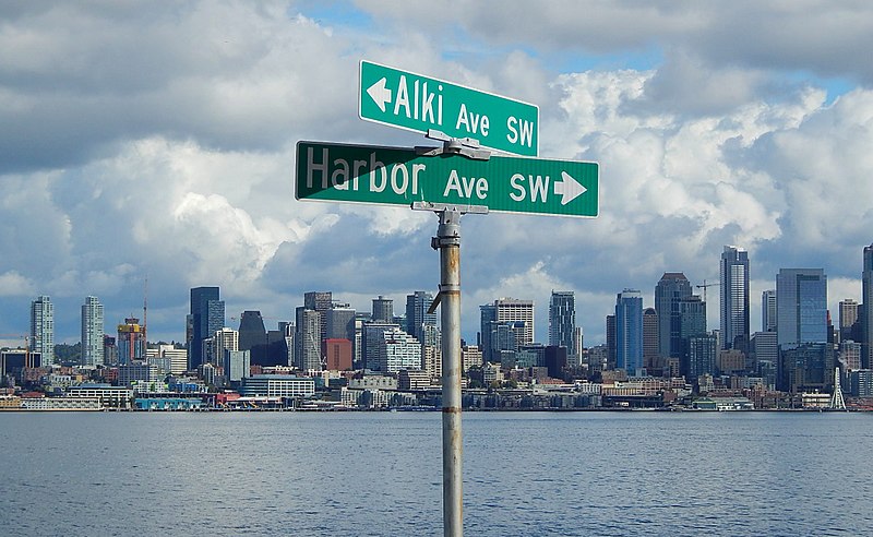 Street sign at corner of Harbor Avenue SW and Alki Avenue SW, October 2017