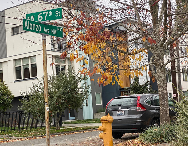 Street sign at NW 67th Street and Alonzo Avenue NW, Seattle, October 12, 2021