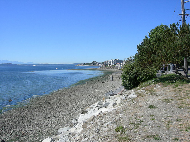 Puget Sound shore looking northwest along Beach Drive with Alki Point in distance, August 2007