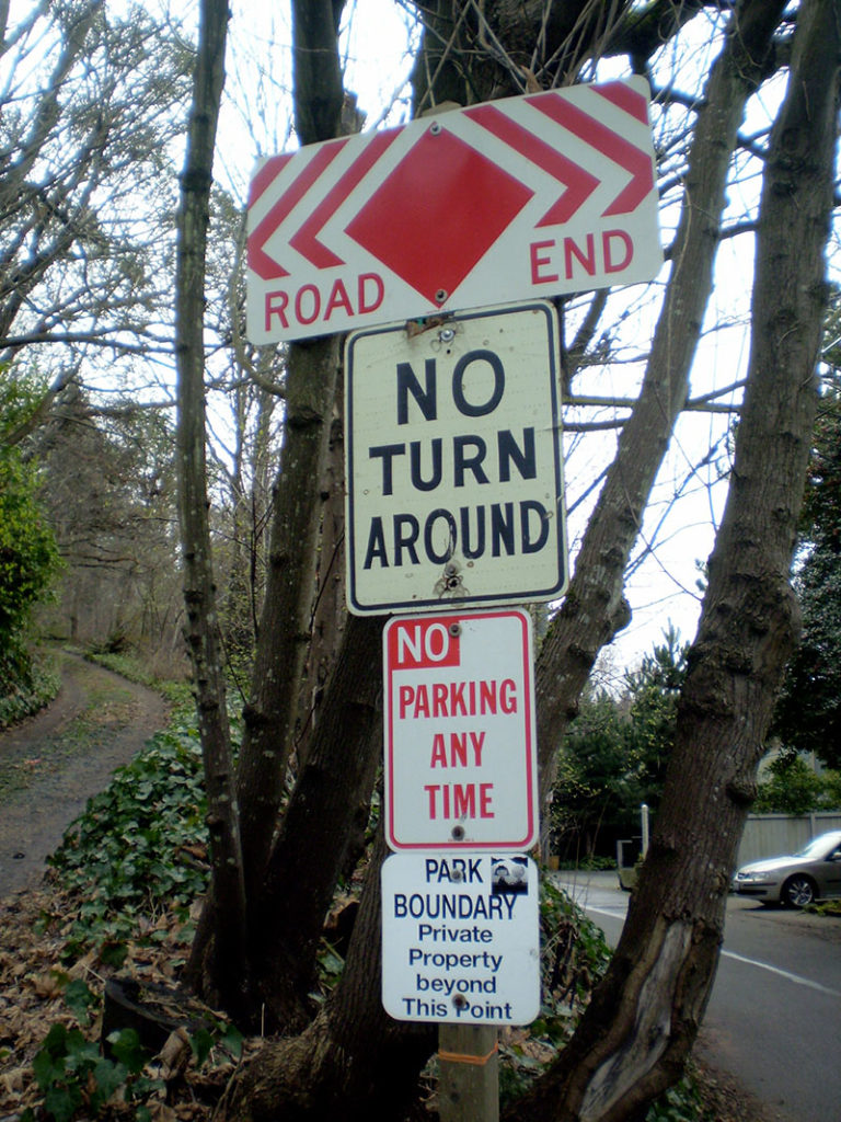 Signs at Beach Drive SW road end, March 2013