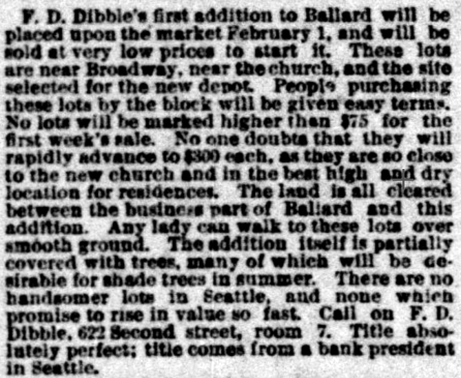 Dibble Addition Advertisement, Seattle Post-Intelligencer, January 27, 1890