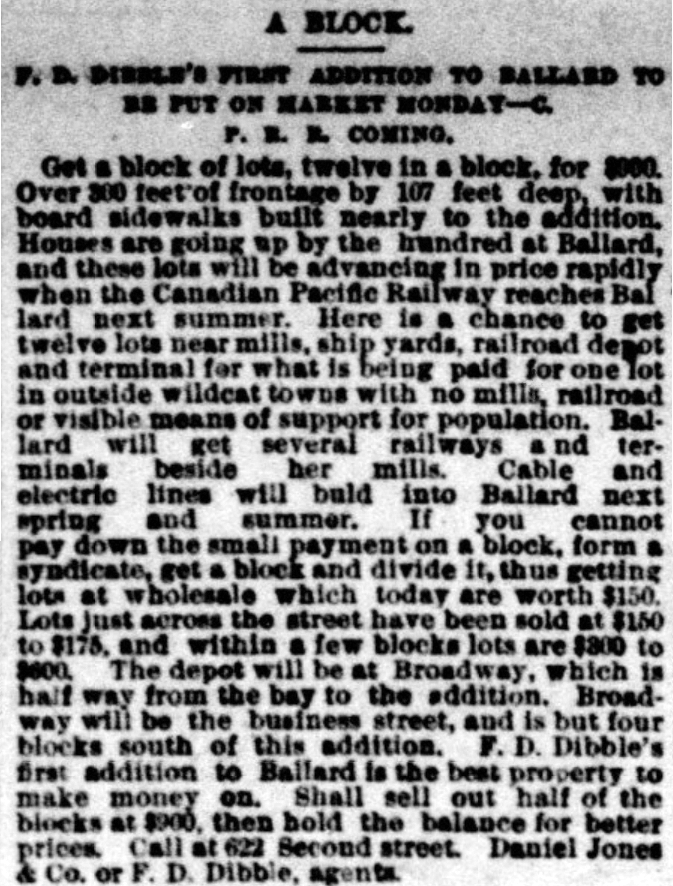 Dibble Addition Advertisement, Seattle Post-Intelligencer, January 31, 1890