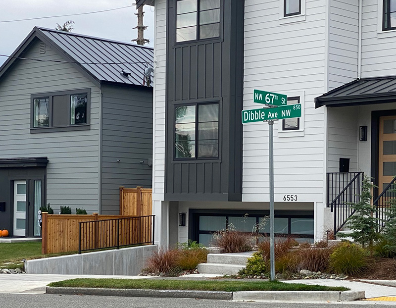 Street sign at NW 67th Street and Dibble Avenue NW, Seattle, October 12, 2021