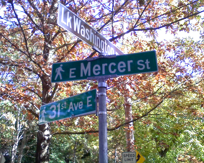 Street sign at corner of Lake Washington Boulevard E, 31st Avenue E, and E Mercer Street, October 11, 2009