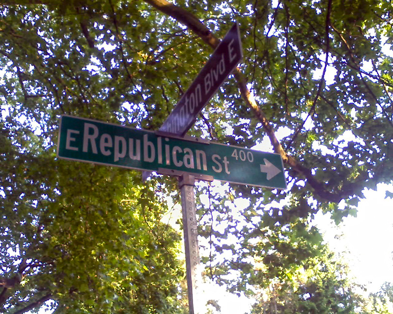 Street sign at corner of Lake Washington Boulevard E and E Republican Street, July 30, 2010