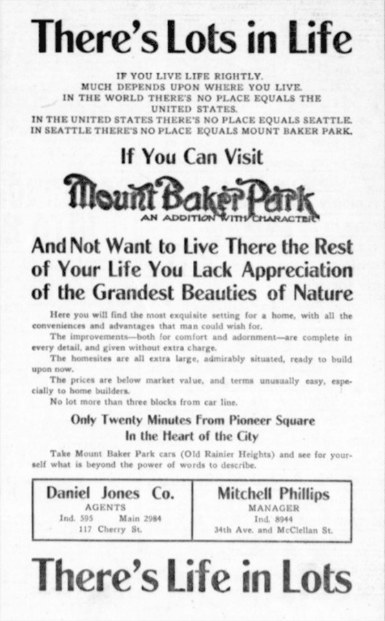 Advertisement for Mount Baker Park in the October 1, 1907, issue of The Seattle Star, headlined "There's Lots in Life"