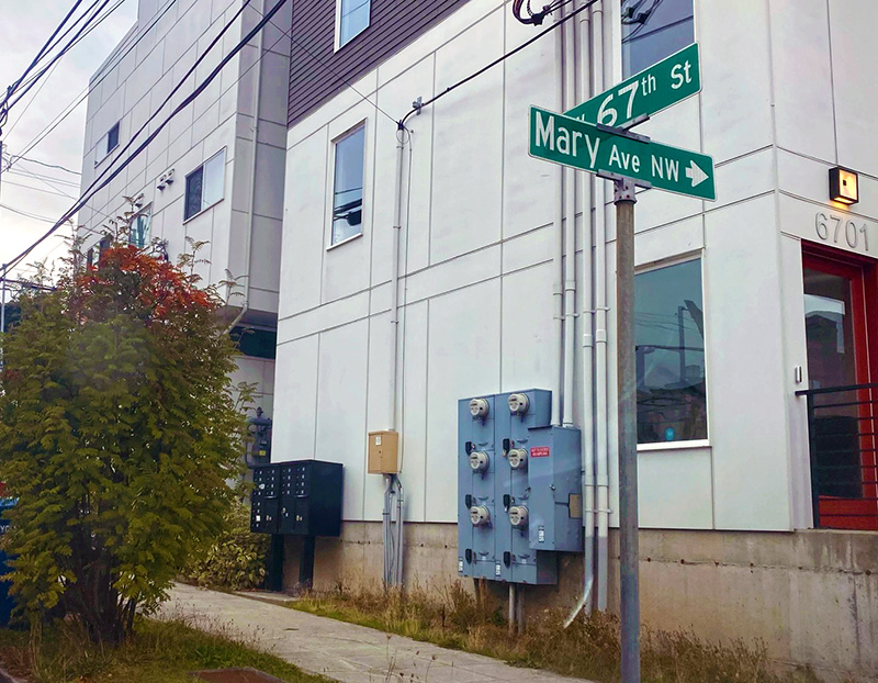 Street sign at NW 67th Street and Mary Avenue NW, Seattle, October 12, 2021