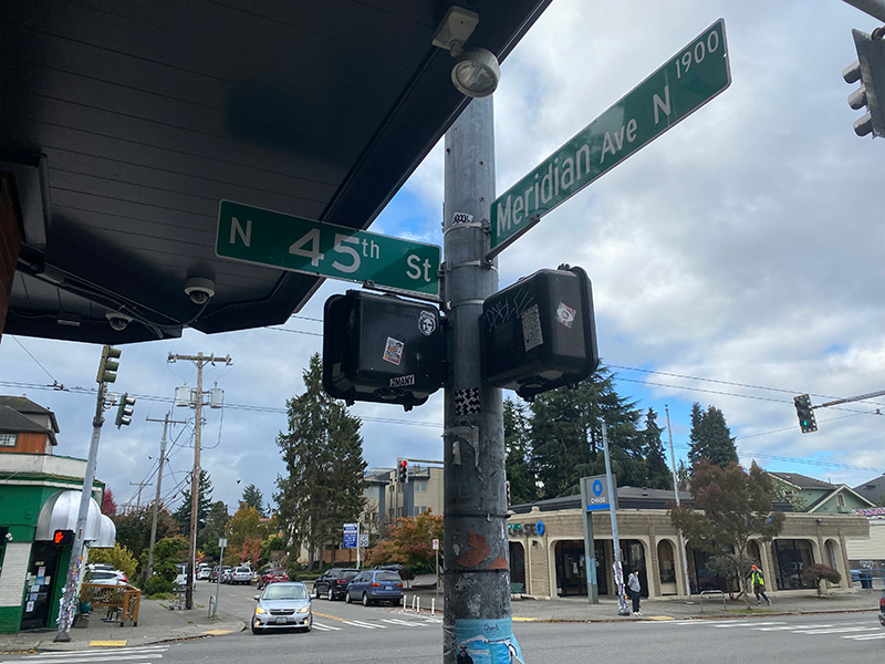 Street sign at N 45th Street and Meridian Avenue N, Seattle, October 13, 2021