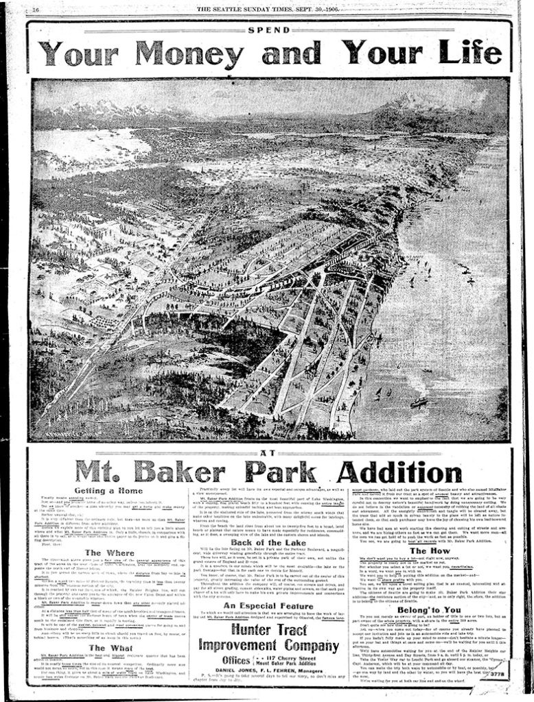 Advertisement for Mt. Baker Park addition, headlined "Spend Your Money and Your Life," The Seattle Times, September 30, 1906