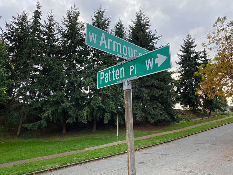 Street sign at corner of Patten Place W and W Armour Street, October 17, 2021