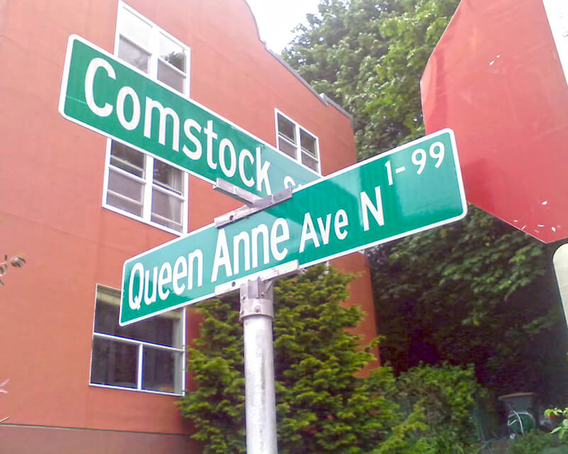 Signs at corner of Comstock Street and Queen Anne Avenue N, June 17, 2011