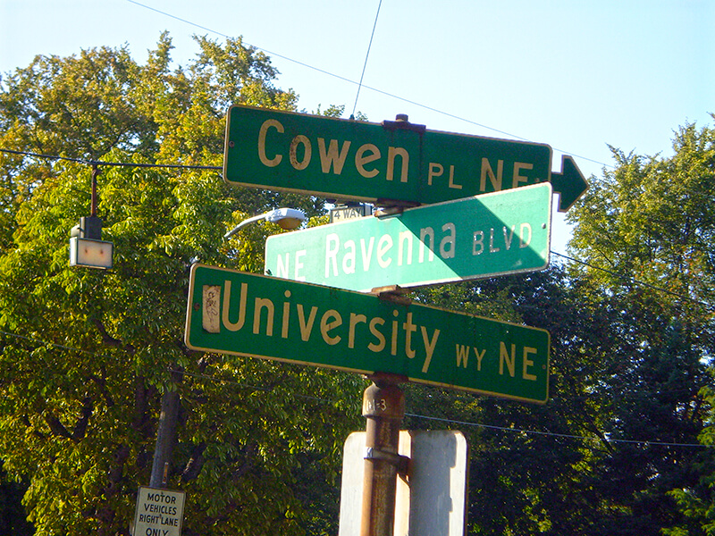 Signs at corner of NE Ravenna Boulevard, University Way NE, and Cowen Place NE, August 24, 2009