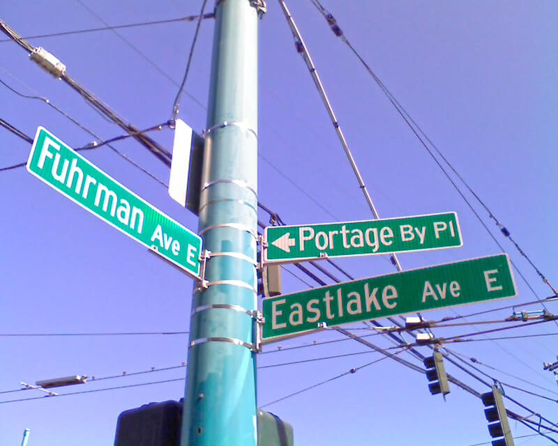 Sign at corner of Fuhrman Avenue E, Eastlake Avenue E, and Portage Bay Place E, August 24, 2009
