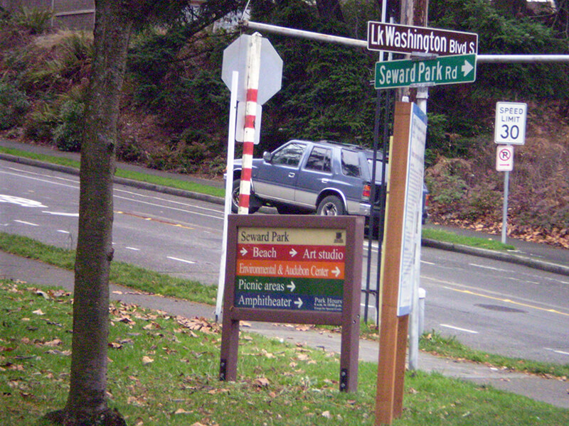 Sign at corner of Lake Washington Boulevard S, S Juneau Street, and Seward Park Road, January 7, 2012