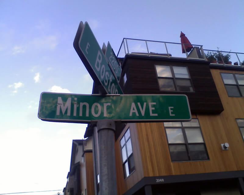 Sign at corner of E Boston Street and Minor Avenue E, September 1, 2010