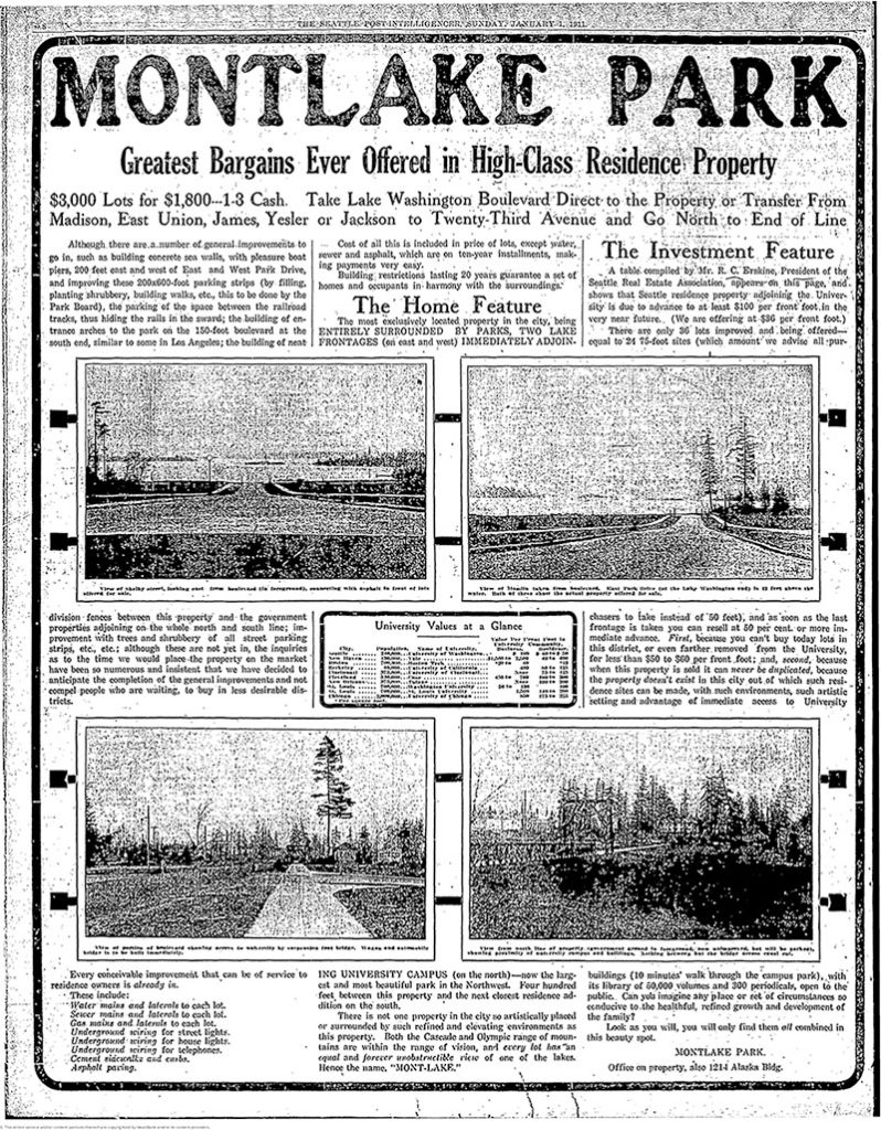 Montlake Park Ad, Seattle P-I, January 1, 1911