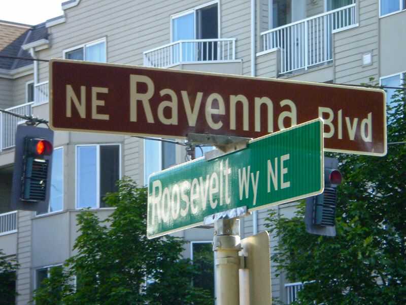 Sign at corner of NE Ravenna Boulevard and Roosevelt Way NE, July 4, 2009