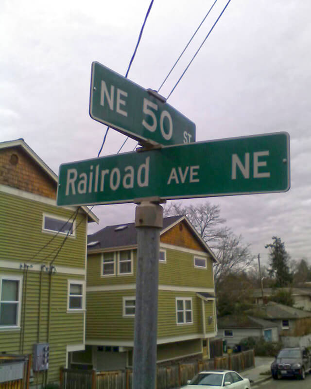 Sign at corner of NE 50th Street and Railroad Avenue NE, February 3, 2011