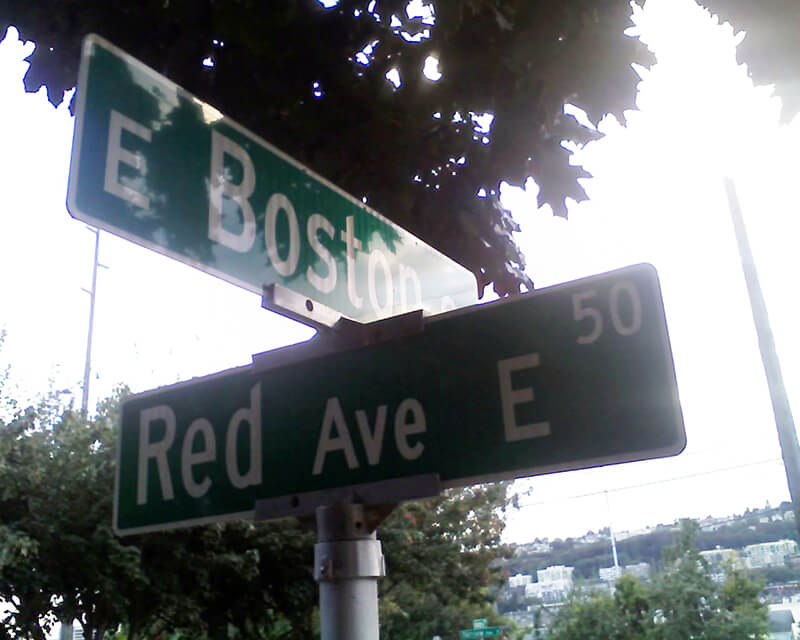 Sign at corner of E Boston Street and Red Avenue E, September 1, 2010