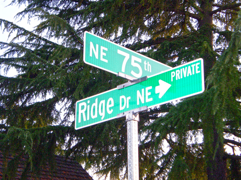 Sign at corner of NE 75th Street and Ridge Drive NE, August 25, 2009