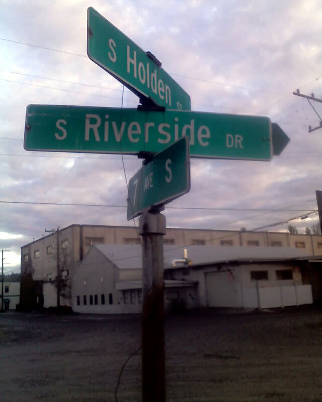 Sign at corner of S Holden Street, S Riverside Drive, and 7th Avenue S, May 20, 2013
