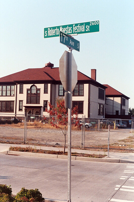 Sign at corner of S Roberto Maestas Festival Street and 17th Avenue S, October 1, 2011