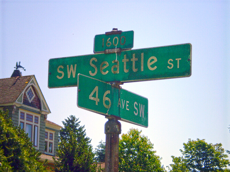 Sign at corner of SW Seattle Street and 46th Avenue SW, July 4, 2011