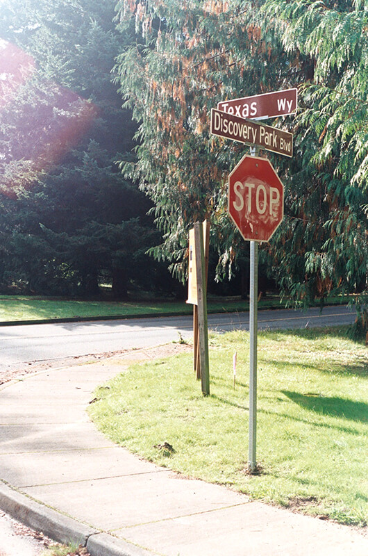 Street sign at corner of Texas Way and Discovery Park Boulevard, October 30, 2011