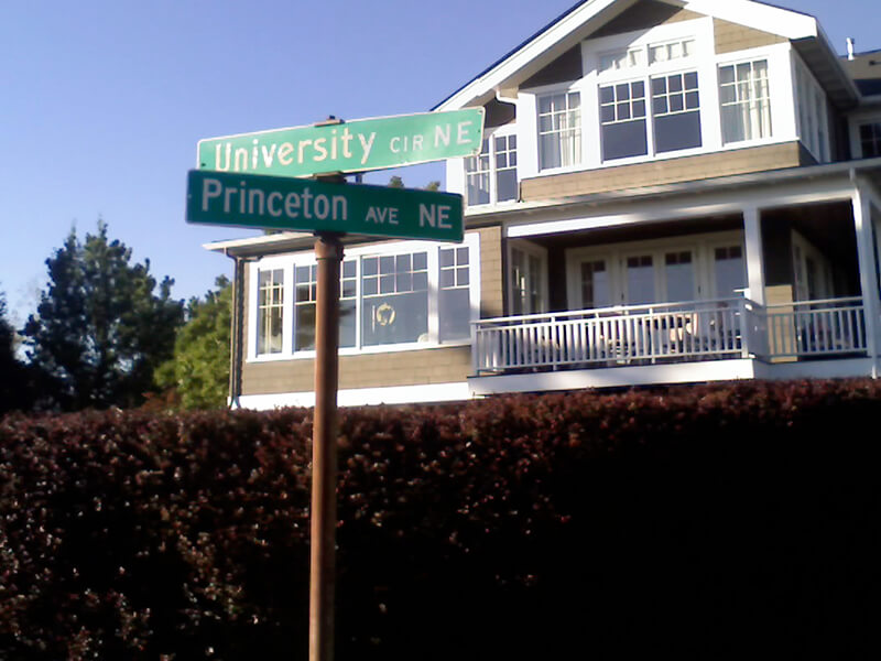Street sign at corner of University Circle NE and Princeton Avenue NE, October 6, 2010